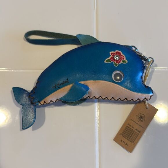 Aloha From Hawaii Dolphin Coin Purse Handmade Leather Zip Wristlet NWT - Picture 2 of 5